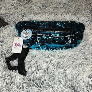 New! Justice girls turquoise blue flip sequin fanny pack waist fannypack slin…